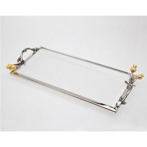 Luxury Silver Pomegranate Serving Tray <b>Rectangular</b> <b>Mirror</b> Polish Metal Food Tray with <b>Gold</b> Fruit Handle for Wedding Home Decor - Product Image 1