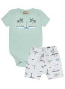 Ensemble bébé 2 pièces imprimé plage tropicale : body à manches courtes et short à cordon en coton doux – Tenue pour nourrisson – Vente en gros OEM - Product Image 1