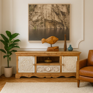 Elegant Monroe TV Unit Modern Solid Wood Rustic TV Unit, Farmhouse TV <b>Stand</b>, Handmade Wooden Entertainment Center - Product Image 1