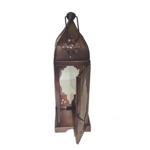 Farol de vela hexagonal marroquí de latón pulido dorado con techo cónico perforado de diamante y puerta con pestillo en la parte superior de la chimenea - Product Image 4