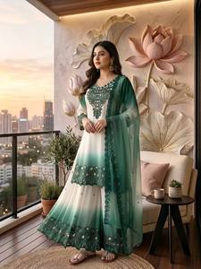 New TENNECY Designer <b>Wedding</b> Party Wear Wrinkle-Free Reversible Georgette Embroidery Thread Work <b>Top</b> Plazzo Dupatta Set Quick - Product Image 2
