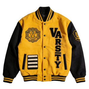 Daizen Star Men's Varsity Jacket Yellow Black Sleeve Solid Color Turn-down Collar Polyester Cotton Autumn Wear Casual Style - Product Image 1