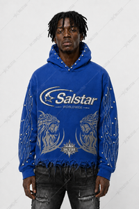 Sweat-shirt à capuche personnalisé bleu vieilli avec strass pour homme, style streetwear, logo personnalisé, impression graphique et manches ornées - Product Image 3