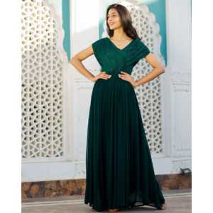 Vestido de Gasa Verde Bosque, Corte en A, Talla XS, Cintura Imperio con Lentejuelas - Product Image 3