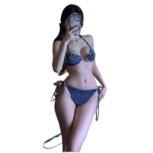 Ensemble sexy 1 pièce en jean et dentelle couleur unie pour femme, respirant, idéal pour les soirées en boîte de nuit, les bars, les spectacles sur scène et la plage - Product Image 1