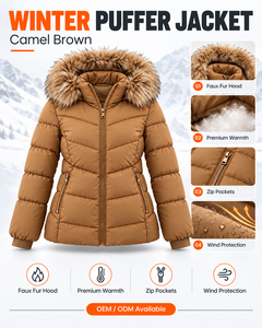 Women's Camel Fur Hooded Puffer Jacket Winter Warm Quilted Parka Slim Fit Custom Logo OEM Wholesale Fashion Outdoor <b>Bubble</b> <b>Coat</b> - Product Image 6
