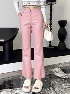 Pantalones de cuero genuino para mujer, pantalones elásticos con cintura elástica, ajustados hasta el tobillo, pantalones acampanados elegantes de piel de oveja para oficina, M-4XL - Product Image 4