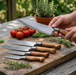 Steel Craft International Hand Forged 5-Piece Damascus Steel Chef <b>Knife</b> <b>Set</b> Wooden Handles <b>Sharp</b> Blades Ambidextrous - Product Image 4