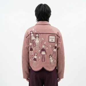 Dusty <b>Pink</b> Cute Doll Envelope Embroidery Lapel Collar Mens Casual Canvas <b>Jacket</b> Scalloped Hem Workwear Outerwear - Product Image 2
