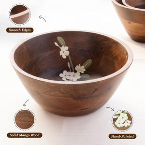 Cuenco decorativo de madera hecho a mano con diseño floral incrustado, cuenco redondo rústico para frutas, centro de mesa grande de madera. - Product Image 3