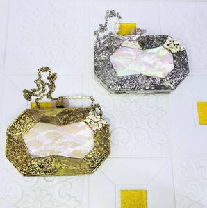 Women's Evening Party Fusion Republik Crystal Square <b>Stone</b> Studs MOP Clutch <b>Magnetic</b> Closure Chain Strap Polyester Lining - Product Image 1