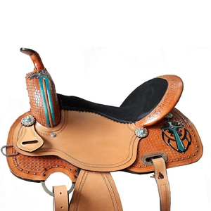 Selle de cheval en cuir de style western avec arceau en bois et quincaillerie en laiton pour l'équitation sur sentier - Product Image 5