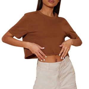 T-shirt décontracté en maille à manches courtes et col rond pour femme, couleur unie, coupe classique, marron, printemps-été - Product Image 5