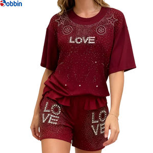 Ensemble 2 pièces personnalisé pour femme, nouvelle mode été, avec strass, short et haut, en coton et élasthanne respirant - Product Image 2