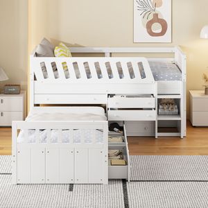 White L-Shaped Twin Loft and Platform <b>Bed</b> with 7 Drawers and Full Guardrails <b>Space</b>-<b>Saving</b> Wooden <b>Beds</b> - Product Image 2
