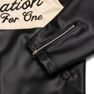 Blouson de motard en cuir pour homme, col montant, en toile, noir et beige, blocs de couleur, fermeture éclair frontale, imperméable, coupe-vent, style sportif streetwear - Product Image 5