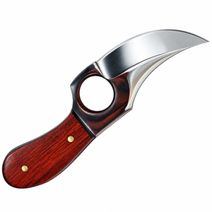 Couteaux de chasse à lame fixe rouge-brun-argent avec lame incurvée en acier inoxydable, manche en bois et anneau de préhension pour le camping en extérieur - Product Image 1
