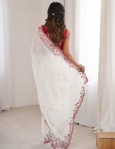 Sari de fête KV traditionnel en rayonne georgette blanc brodé, réversible, infroissable, séchage rapide, travail artisanal lourd, avec chemisier non cousu pour - Product Image 2