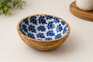 Bol de service en bois contemporain imprimé, fait main, avec motif floral bleu, pour salade, masala, usage en restaurant - Product Image 2