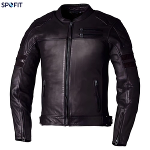 Veste de moto en cuir véritable pour homme SPOFIT, col montant, fermeture éclair, coupe-vent, style motard, pour l'automne - Product Image 1