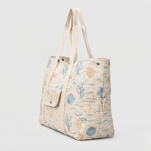 Seashell Coral Wave Print Cotton <b>Canvas</b> <b>Beach</b> Tote Bag Eco-Friendly Large Capacity Women Summer Travel Open Top Zipper Closure - Product Image 3