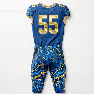 Vêtements de sport de qualité supérieure, uniforme de football américain de couleur bleu royal avec une touche dorée, vêtements de sport très demandés, sur mesure - Product Image 5