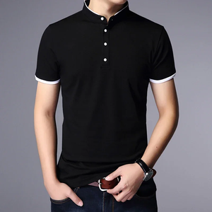 Camisetas de Verano Cómodas para Hombre, Cuello Mao, Manga Corta, Corte Regular, Ribete en Contraste, Ropa Casual de Oficina, Poliéster/Algodón - Product Image 3