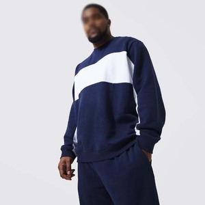 Survêtement pour homme bleu marine à blocs de couleur, col rond, manches longues, coupe décontractée, avec poches latérales, vêtement d'automne, 100% coton - Product Image 6