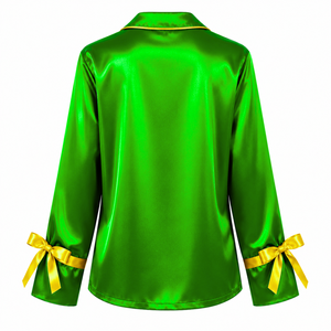 Chi Eta Phi Women's Satin Pajama Set Long Sleeve Button-Up Embroidered Two Piece Sleepwear <b>Green</b> With Yellow Trim Lounge Set - Product Image 3