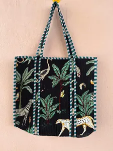 Sac fourre-tout en coton matelassé noir bohème avec imprimé animalier, sac de shopping ouvert décontracté d'été pour femmes - Product Image 1