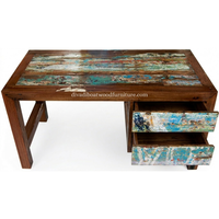 Bureau d'écriture DIVADI en bois de bateau recyclé fait main, style industriel minimaliste, écologique, pour bureau à domicile, 3 tiroirs, naturel et original