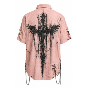 Gothic Printed Turn <b>Collar</b> Short Sleeve <b>Shirt</b> Men Regular Fit Distressed Design Chains <b>Wings</b> Pattern Pink Polyester/Cotton - Product Image 3