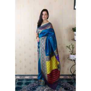Sari en soie douce bleue Banarasi avec pallu multicolore, tissé avec des fils zari, style indien pakistanais - Product Image 2