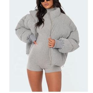 Blouson matelassé gris à col montant, fermeture éclair, coupe-vent, épais, pour l'hiver, décontracté, coupe ample, longueur courte, unisexe - Product Image 2