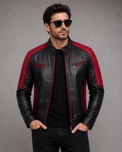Blouson de motard en cuir et toile pour homme, style classique, col rabattable zippé, manches longues, vêtement d'extérieur décontracté et tendance - Product Image 1