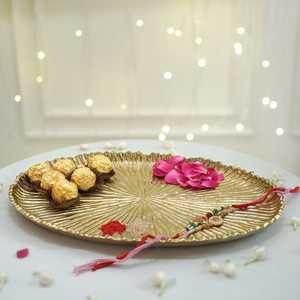Oval Gold Plated Art Deco Decorative Tray with Radiating Pattern Single Piece for Wedding and Diwali Occasions - Product Image 3