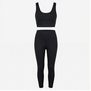 2 Piece Yoga Set Solid <b>Black</b> Seamless High Waist <b>Leggings</b> Crop Top Racerback Sleeveless Full Length Sportswear - Product Image 1