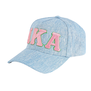 AKA <b>Light</b> Denim Snapback <b>Hat</b> <b>Light</b> Blue Adjustable Denim Baseball Cap with Pink Embroidered Letters Casual Outdoor Cap for Women - Product Image 2