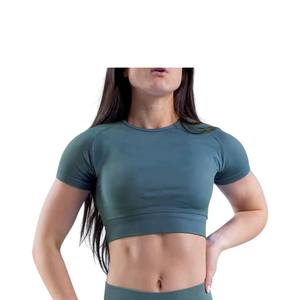 Haut court côtelé respirant pour femme, personnalisé, de haute qualité, à manches longues, pour le fitness et la gym, avec rembourrage, vente en gros - Product Image 4