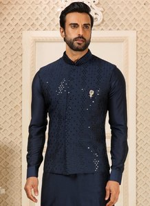 Blue <b>Sequin</b> Nehru <b>Jacket</b> Men Outerwear Set ROMAN Silk Kurta Pant Formal Wear Wedding Party - Product Image 4