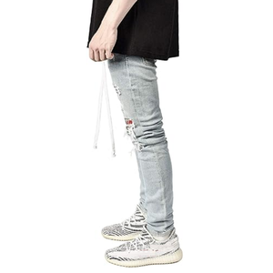 Men Denim Pants 100% Cotton Denim Custom Ripped Jeans Slim Fit Casual <b>Trousers</b> Distressed Streetwear Style - Product Image 3