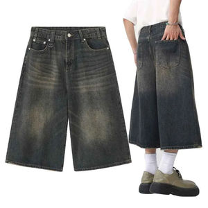 Shorts en jean pour homme, décontractés, personnalisés, 100% coton, respirants, écologiques, coupe droite, baggy, effet usé, style streetwear vintage, pour l'été - Product Image 1