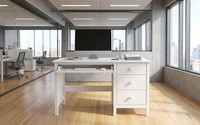 Bureau d'ordinateur moderne en bois blanc, écologique et durable, avec plateau pour clavier coulissant à 3 tiroirs, résistant à l'eau, autoportant
