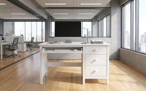 Modern White Wooden Computer <b>Desk</b> with 3 Drawers and Pull-Out Keyboard Tray for Home Office <b>Study</b> Room - Product Image 6