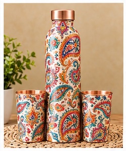 Green Gold Moroccan Pattern <b>Metal</b> <b>Water</b> <b>Bottle</b> with Copper Lid and Two Matching Cups Drinkware Set - Product Image 6