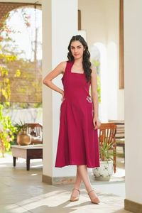 Vestido de Algodón Elástico Tejido hasta la Rodilla en Rojo Cereza para Mujer, Corte Regular, Formal, Ecológico, Moda 2026 - Product Image 3