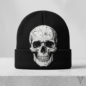 Black Knitted Unisex <b>Beanie</b> with White <b>Skull</b> Print 3D Embroidery Hand Embroidery Adjustable Lightweight Winter Hat Daily Wear - Product Image 1