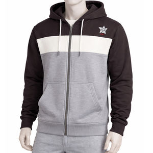 Sudadera con capucha y cremallera para hombre, con logo personalizado, diseño de bloques de color en tres tonos y paneles en contraste, de mezcla de algodón y forro polar de alto gramaje. - Product Image 1