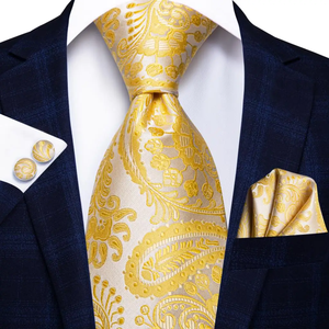 Corbata de Lujo Hi-Tie para Hombre, Diseño Paisley a Cuadros en Oro Amarillo, Tejido de Satén Ecológico, Logotipo Personalizable, para Bodas y Negocios - Product Image 2