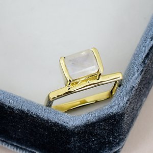 Solid 925 Sterling Silver <b>Moonstone</b> <b>Ring</b> Gold Plated Geometric Band Minimalist Wedding Anniversary <b>Ring</b> For Women - Product Image 1